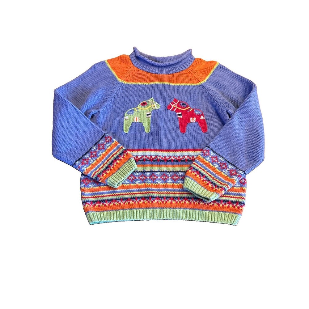 $72 Hanna Andersson Purple Dala Horse Sweater Peru Cotton Boys/Girls Sz 8/10
